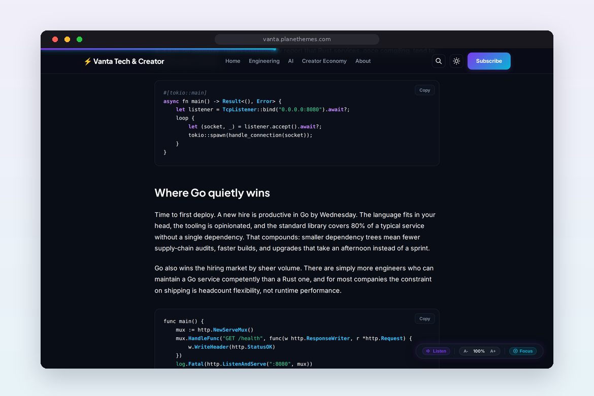Post de Vanta en dark mode con bloques de código Rust y Go resaltados y botones para copiar