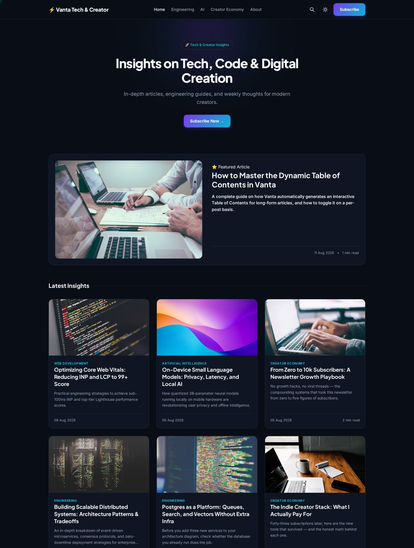 Vanta theme homepage in dark mode with featured article and magazine grid
