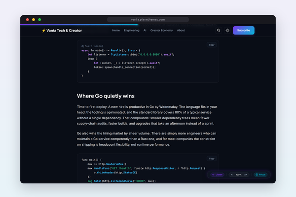 Vanta post in dark mode showing highlighted Rust and Go code blocks with copy buttons